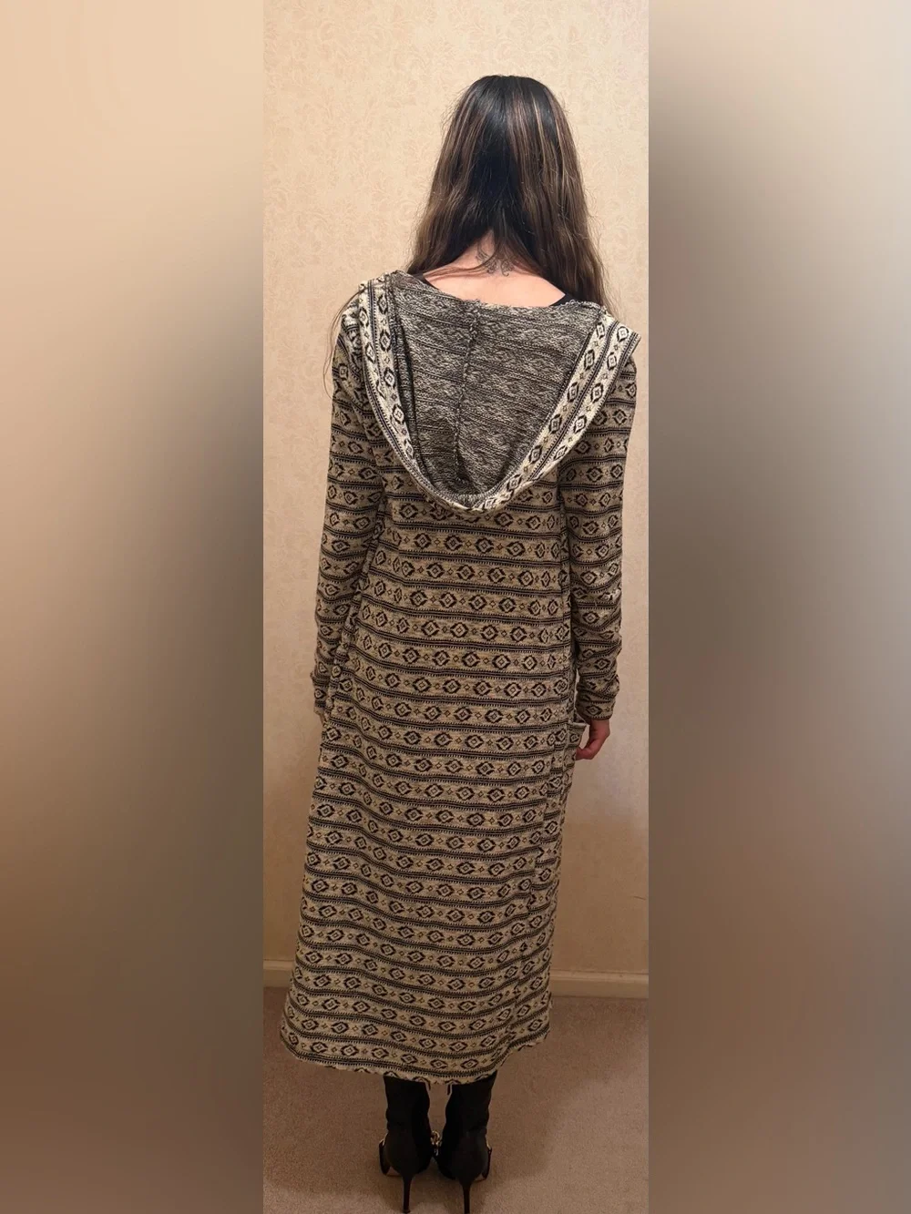 Boho Aztec Geometric Print Long Hooded Cardigan Duster - Made in Turkey-Size S